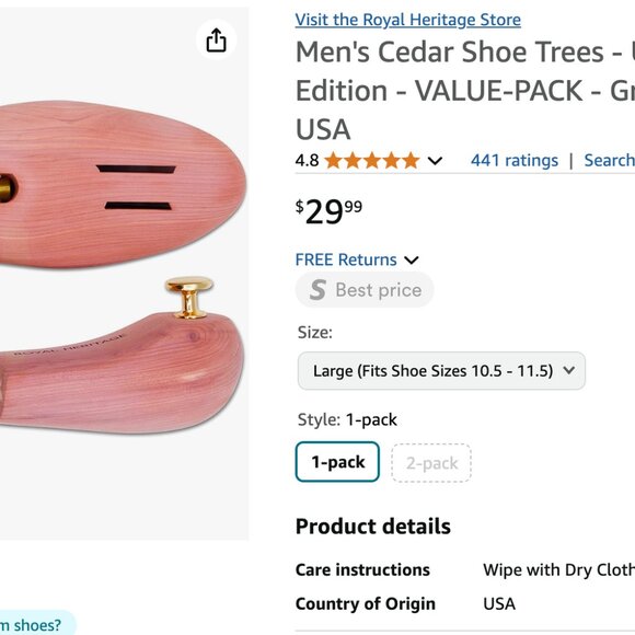 Men's Royal Heritage Cedar Wood Shoe Trees (size Large fits shoe size 10.5-11.5) - Picture 4 of 4